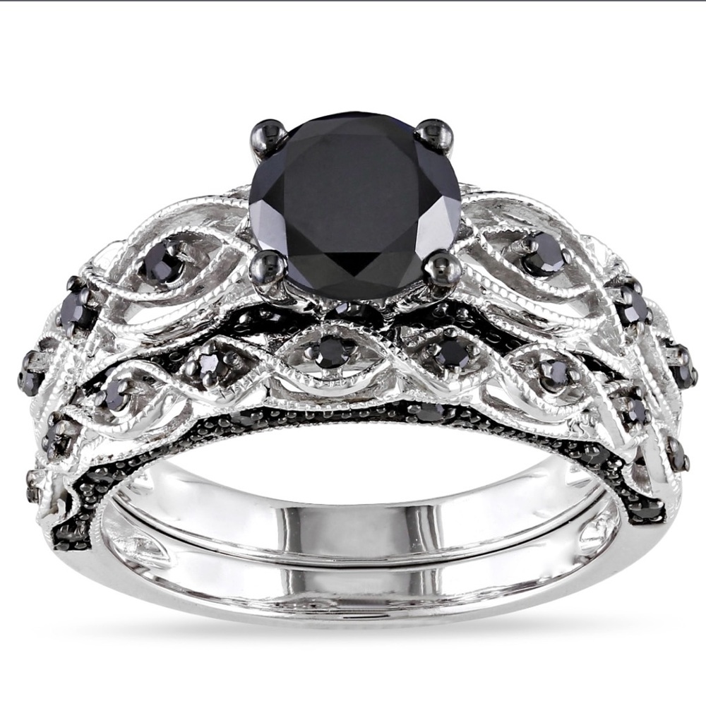 FINAL MARK DOWN! 1 Carat Black Diamond Bridal Ring Set 10K White Gold sz 6